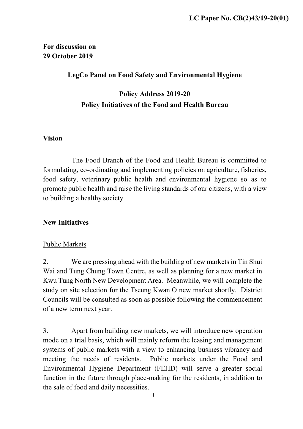 For Discussion on 29 October 2019 Legco Panel on Food Safety And