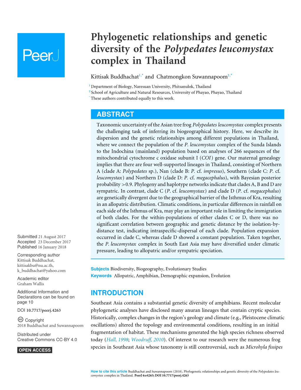Phylogenetic Relationships and Genetic Diversity of the Polypedates Leucomystax Complex in Thailand