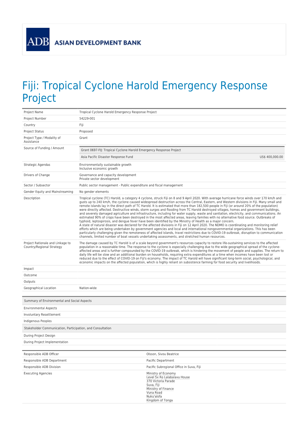 Fiji: Tropical Cyclone Harold Emergency Response Project