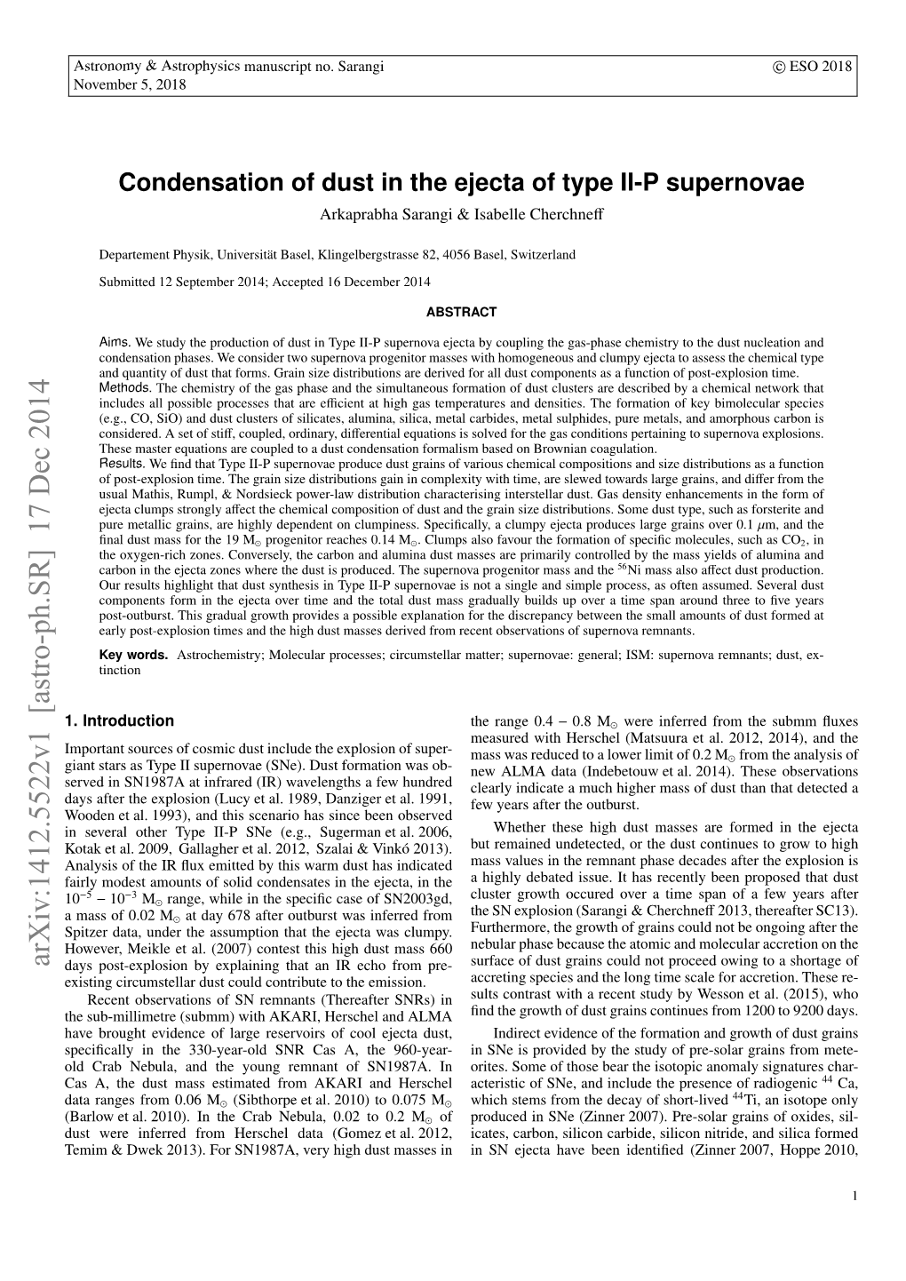 Condensation of Dust in the Ejecta of Type II-P Supernovae Arkaprabha Sarangi & Isabelle Cherchneﬀ