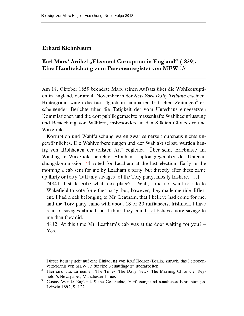 „Electoral Corruption in England“ (1859). Eine Handreichung Zum Personenregister Von MEW 13 1