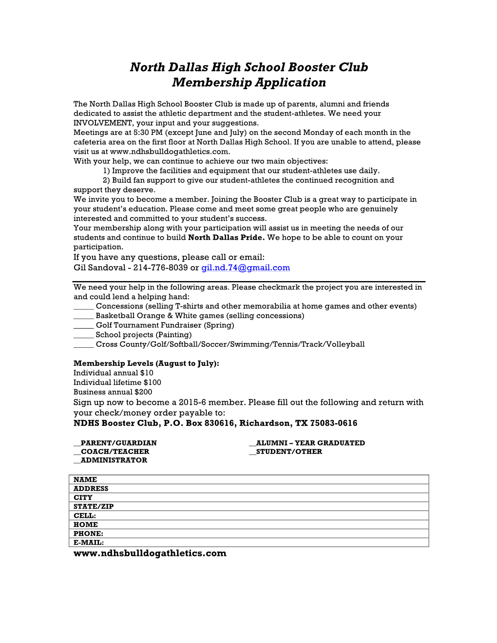 North Dallas High School Booster Club Membership Application