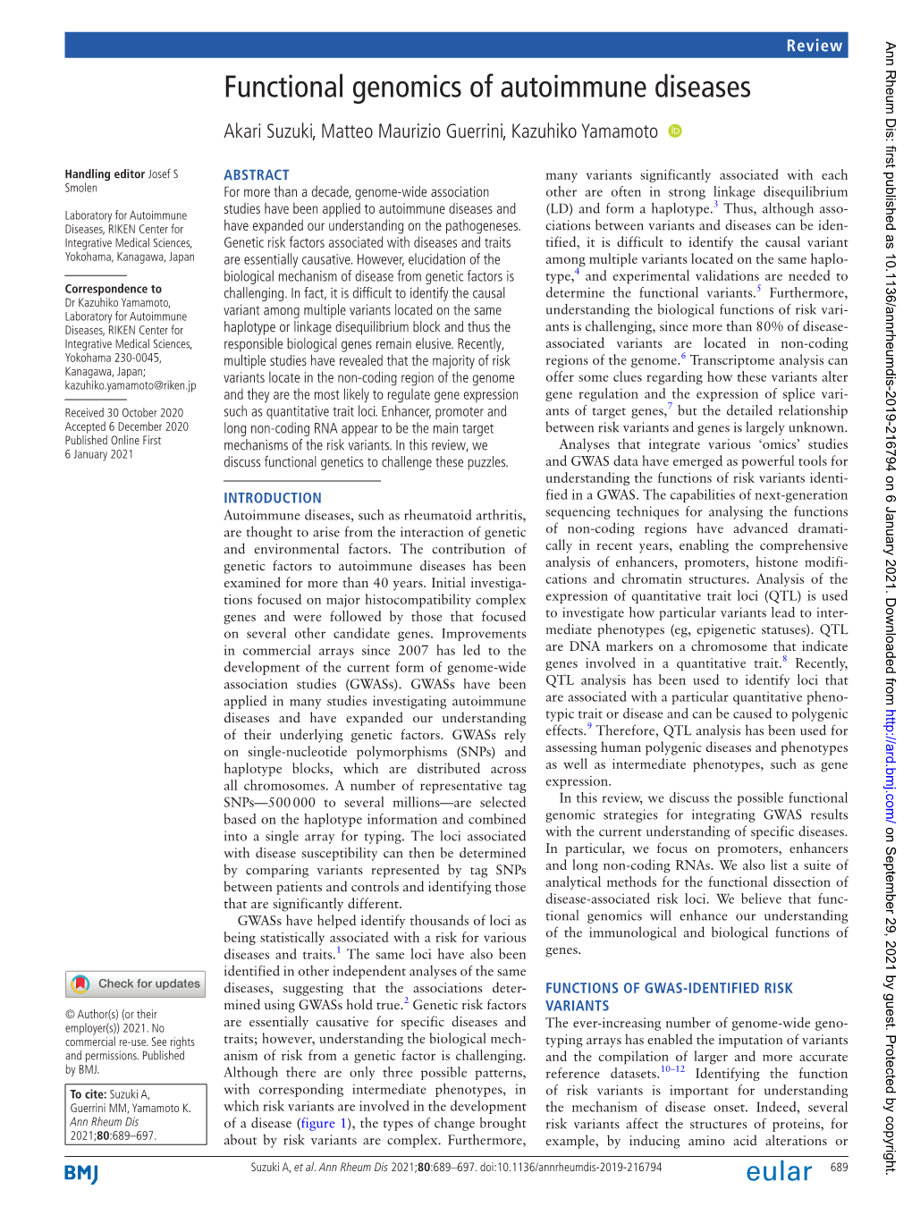 Functional Genomics of Autoimmune Diseases Akari Suzuki, Matteo Maurizio Guerrini, Kazuhiko Yamamoto ‍ ‍