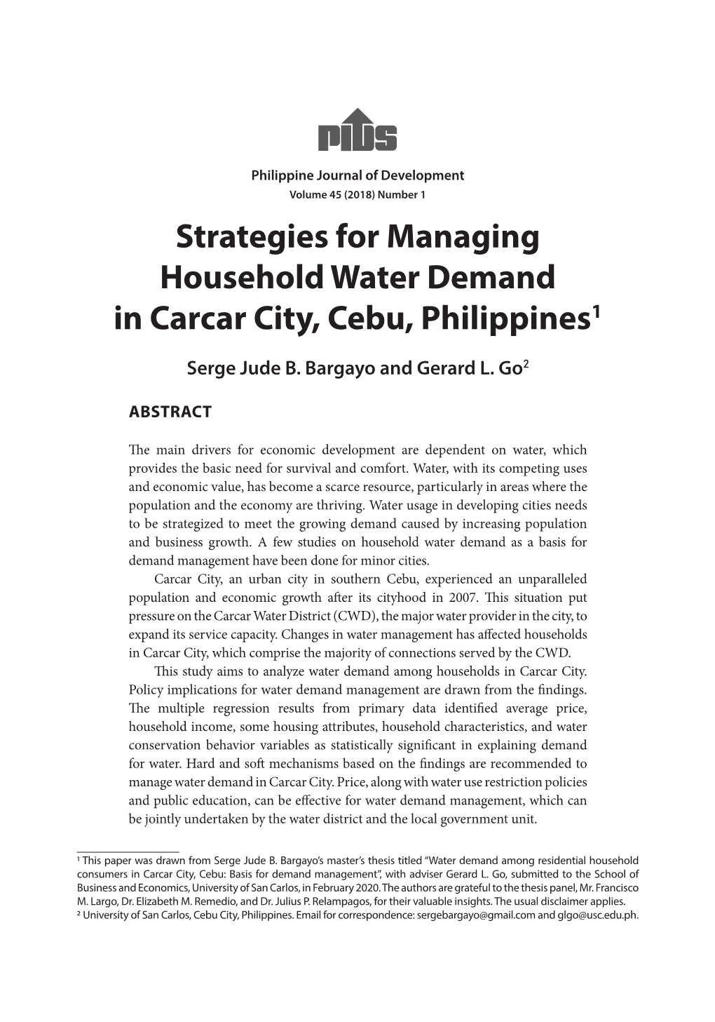 Strategies for Managing Household Water Demand in Carcar City, Cebu, Philippines1