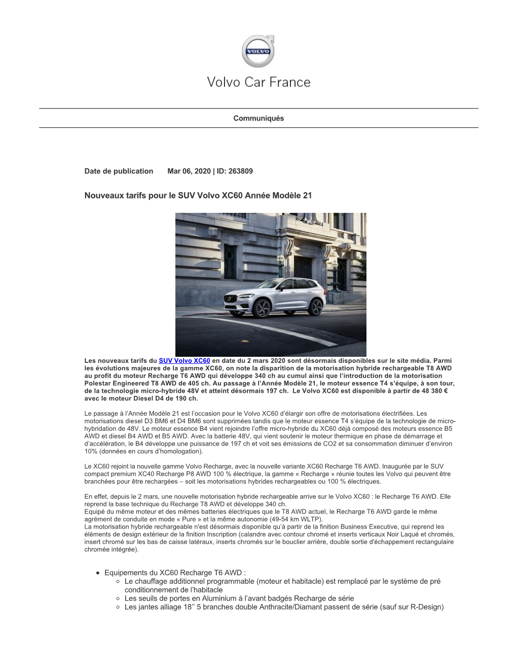 Nouveaux Tarifs Pour Le SUV Volvo XC60 Année Modèle 21