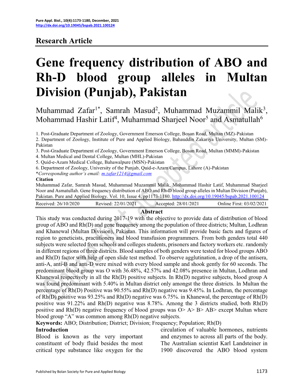 Gene Frequency Distribution of ABO and Rh-D Blood Group Alleles in Multan Division (Punjab), Pakistan