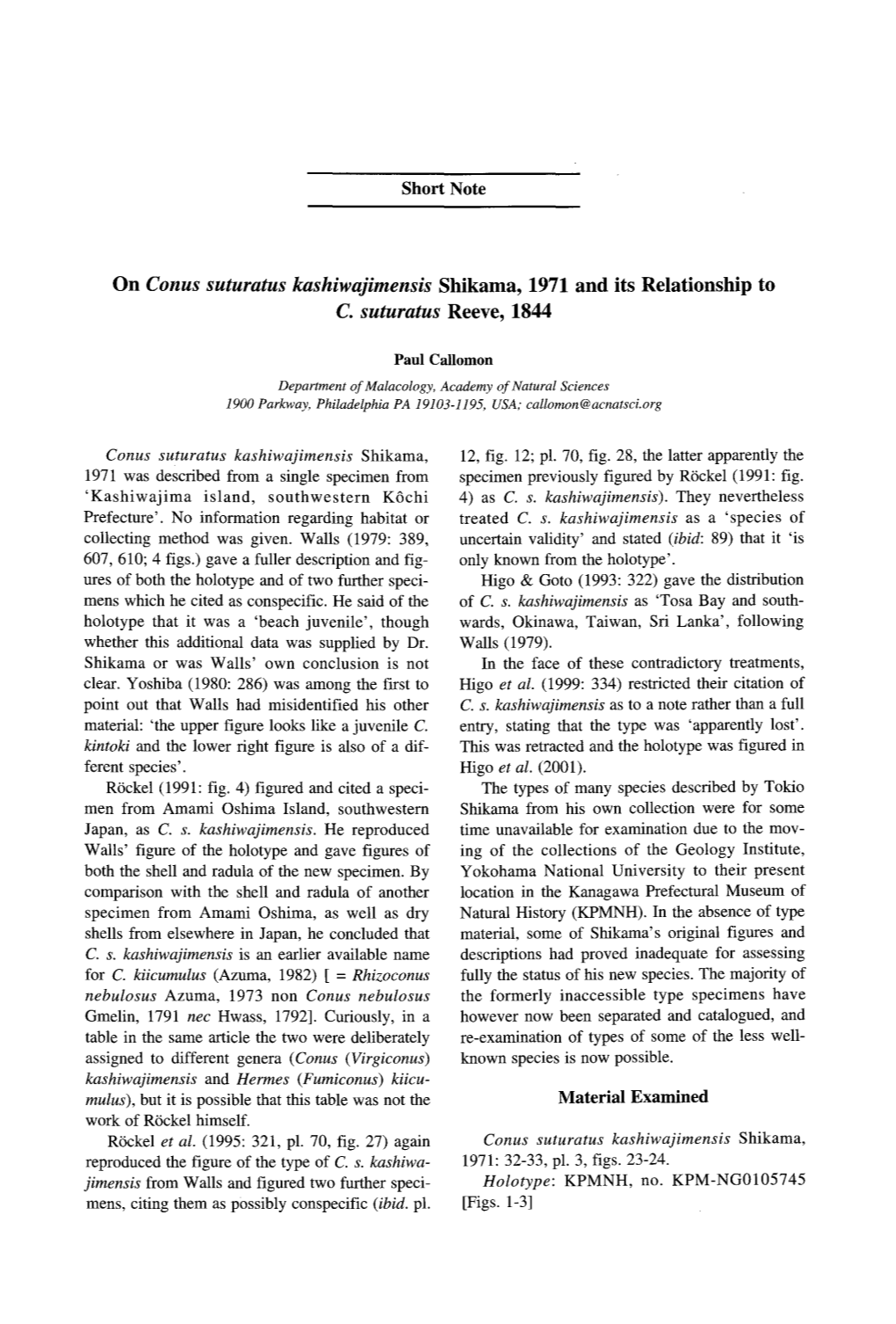 Page 1 Short Note on Conus Suturatus Kashiwajimensis Shikama