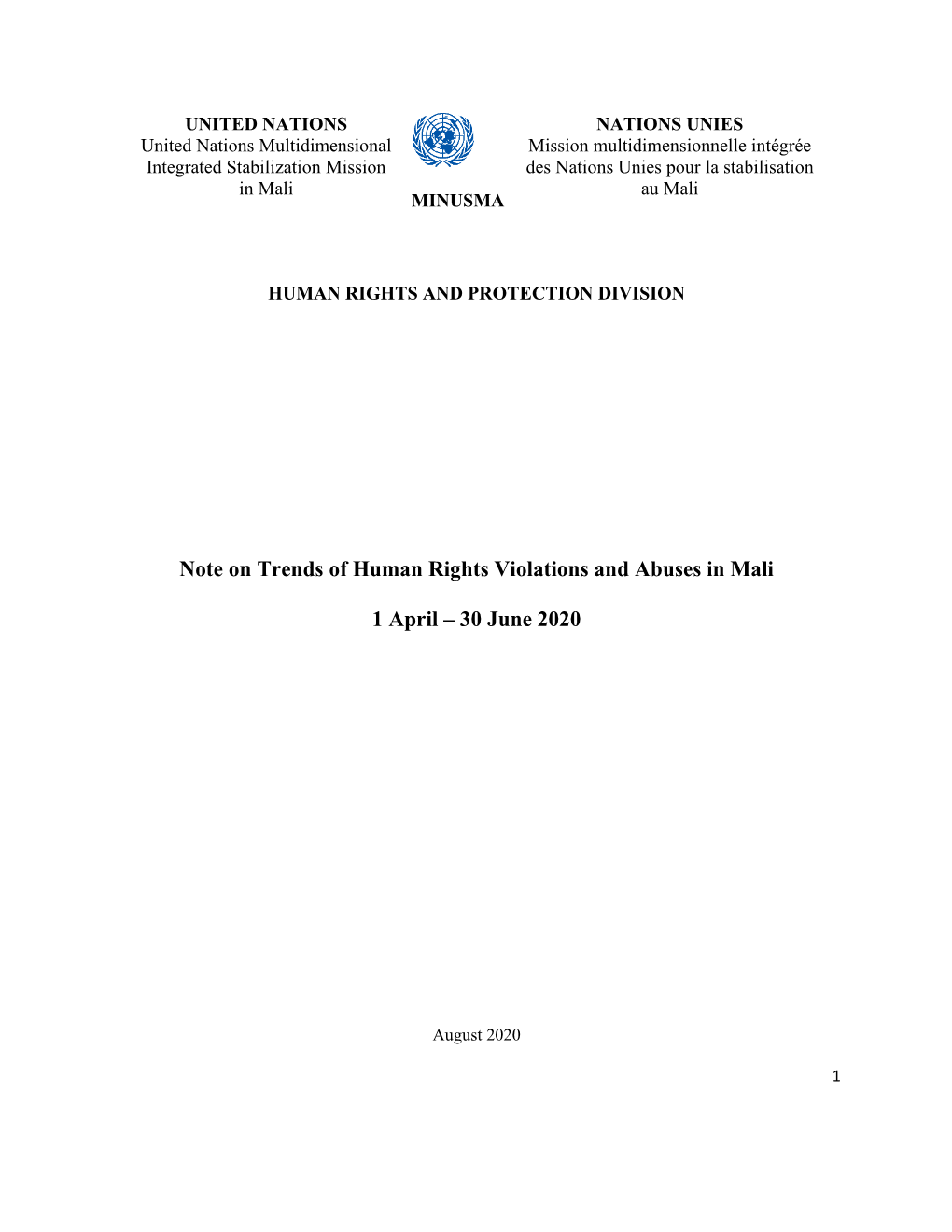 Note on Trends of Human Rights Violations and Abuses in Mali 1 April – 30 June 2020