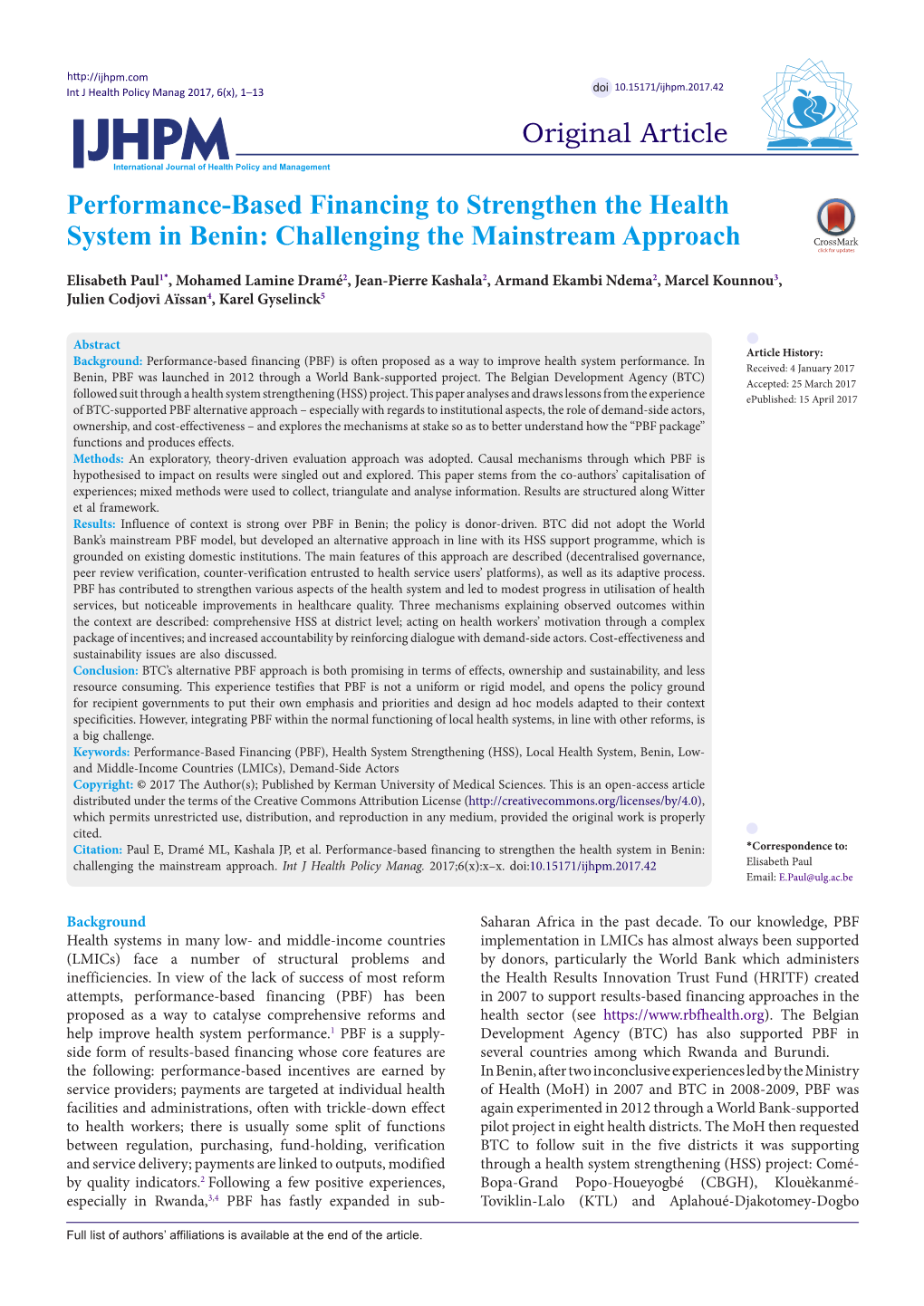 Performance-Based Financing to Strengthen the Health System in Benin: Challenging the Mainstream Approach