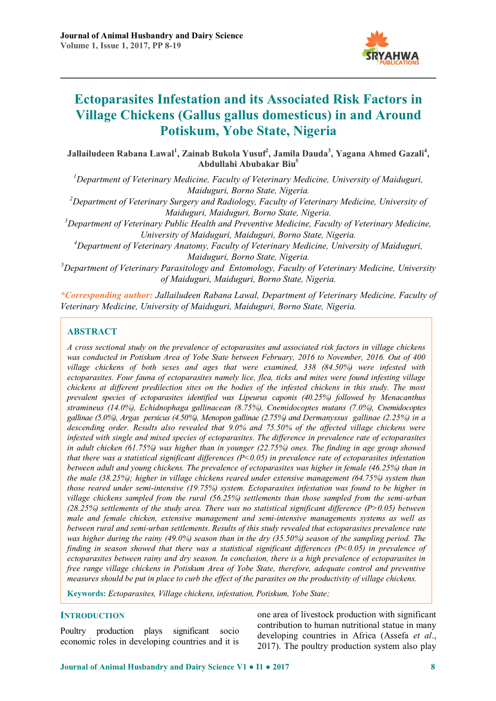 Ectoparasites Infestation and Its Associated Risk Factors in Village Chickens (Gallus Gallus Domesticus) in and Around Potiskum, Yobe State, Nigeria