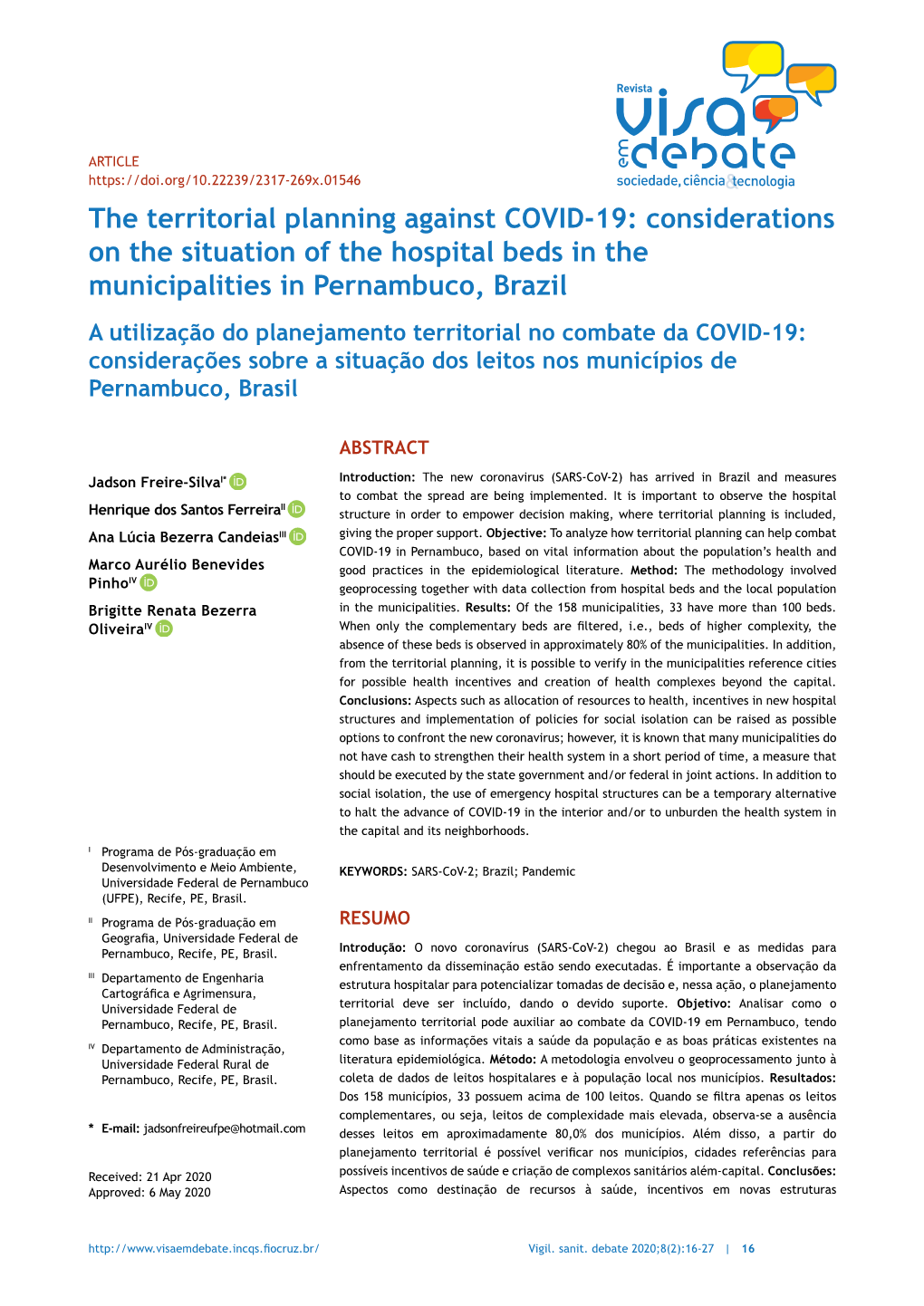 The Territorial Planning Against COVID-19: Considerations on the Situation of the Hospital Beds in the Municipalities in Pernamb