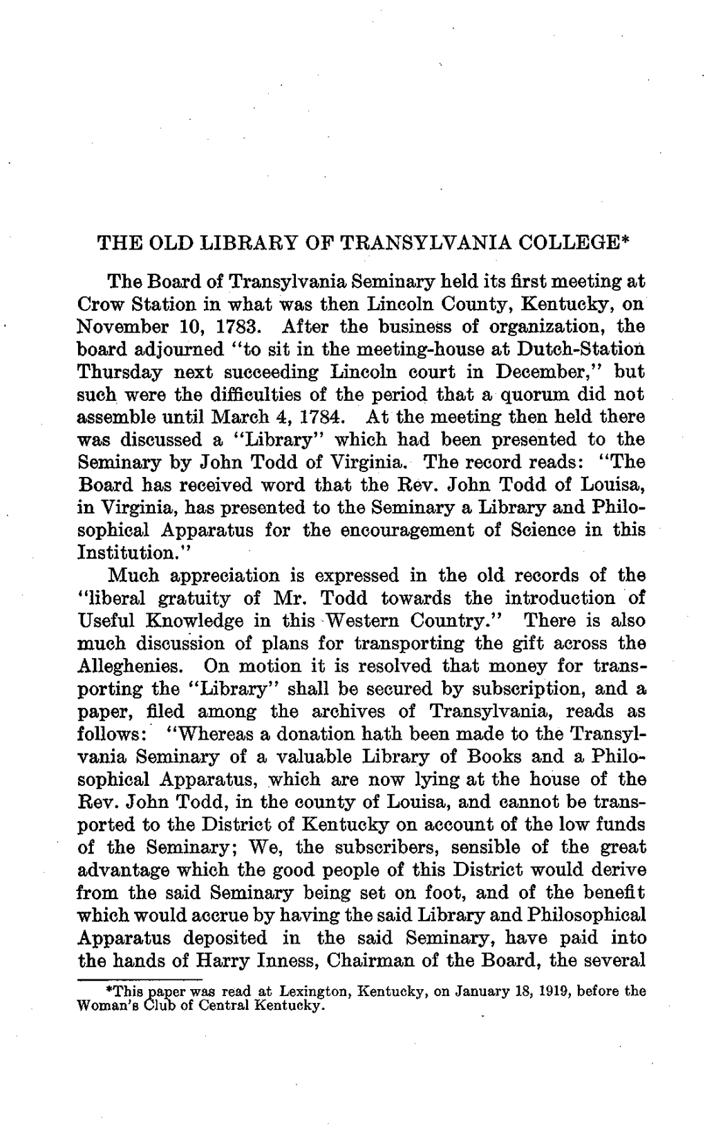 The Old Library of Transylvania College*