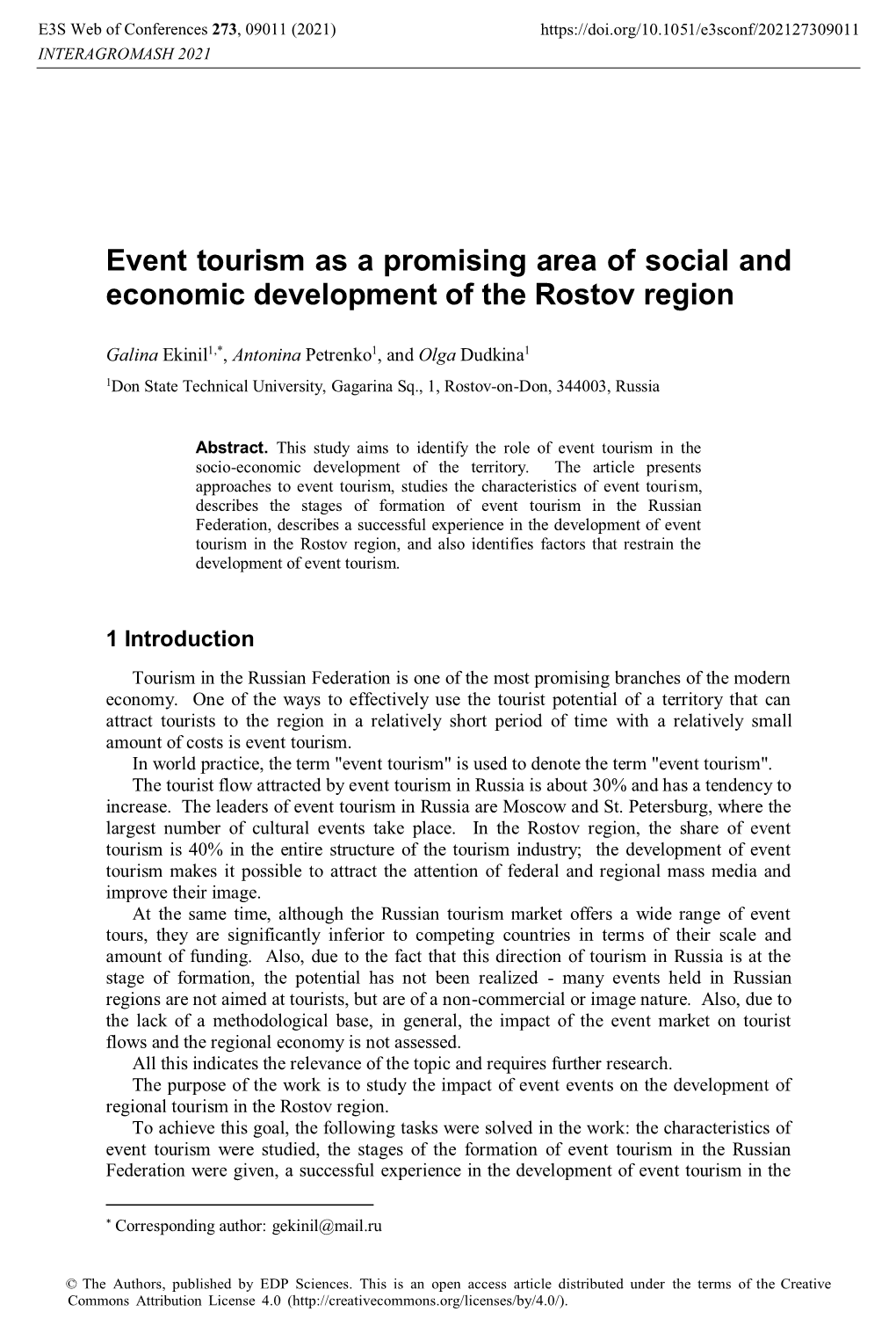 Event Tourism As a Promising Area of Social and Economic Development of the Rostov Region