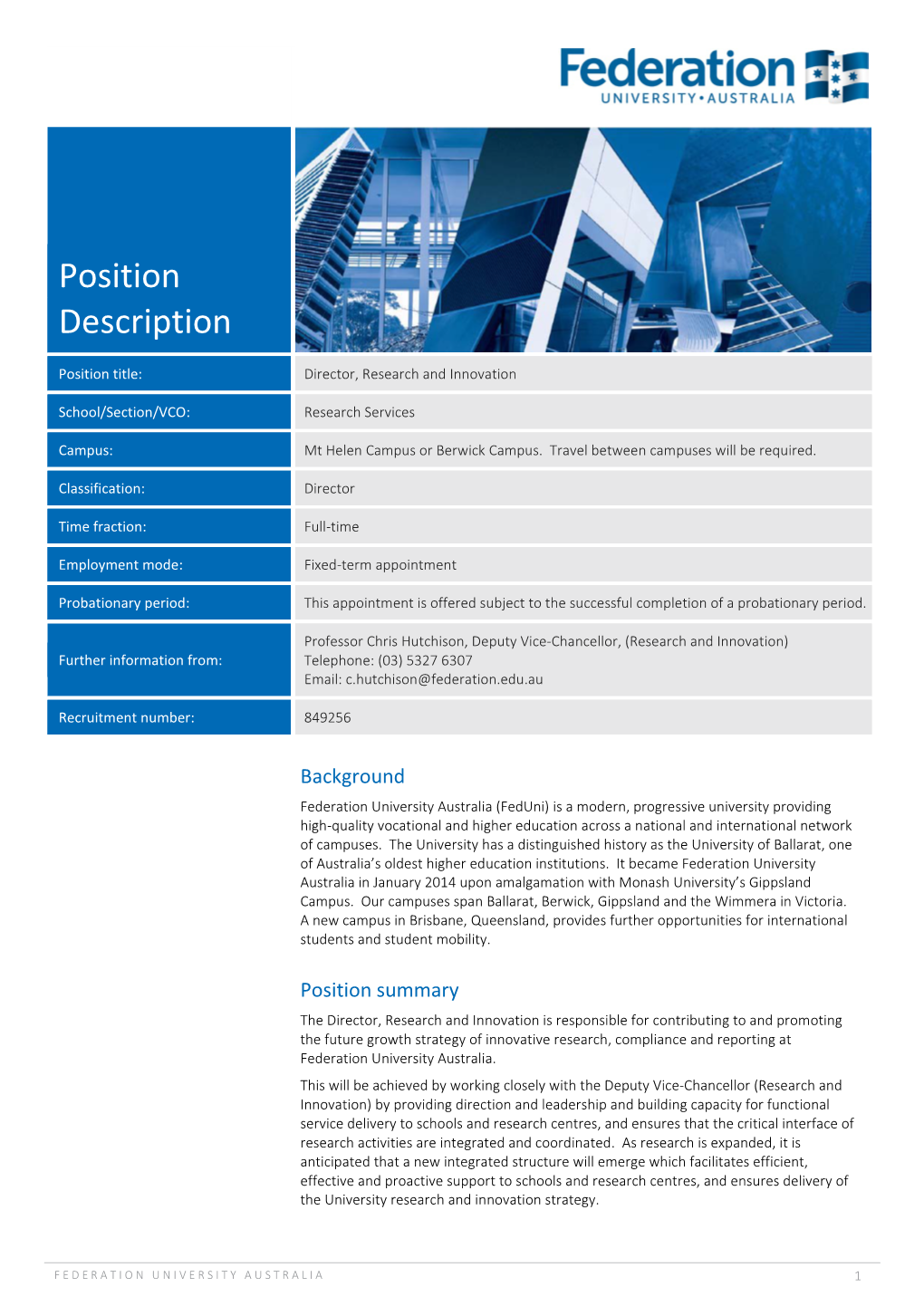 Position Description Director, Research Innovation and Enterprise