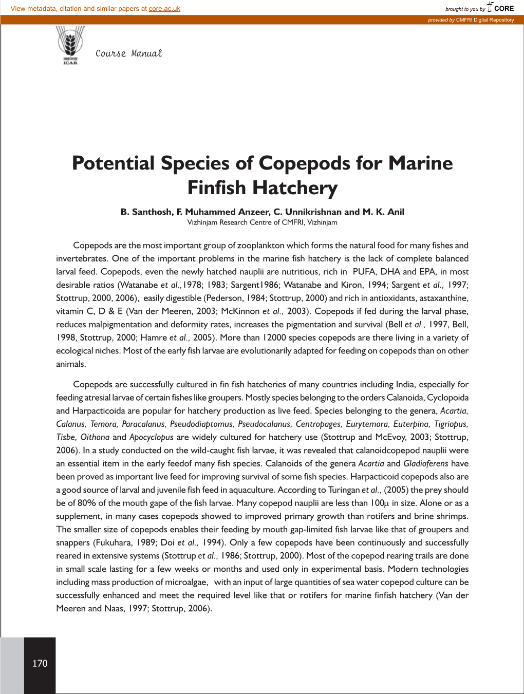 Potential Species of Copepods for Marine Finfish Hatchery B