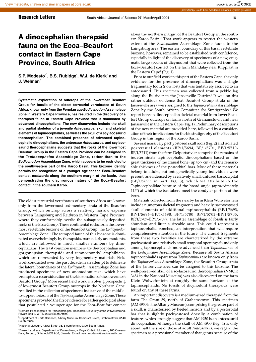 A Dinocephalian Therapsid Fauna on the Ecca–Beaufort Contact