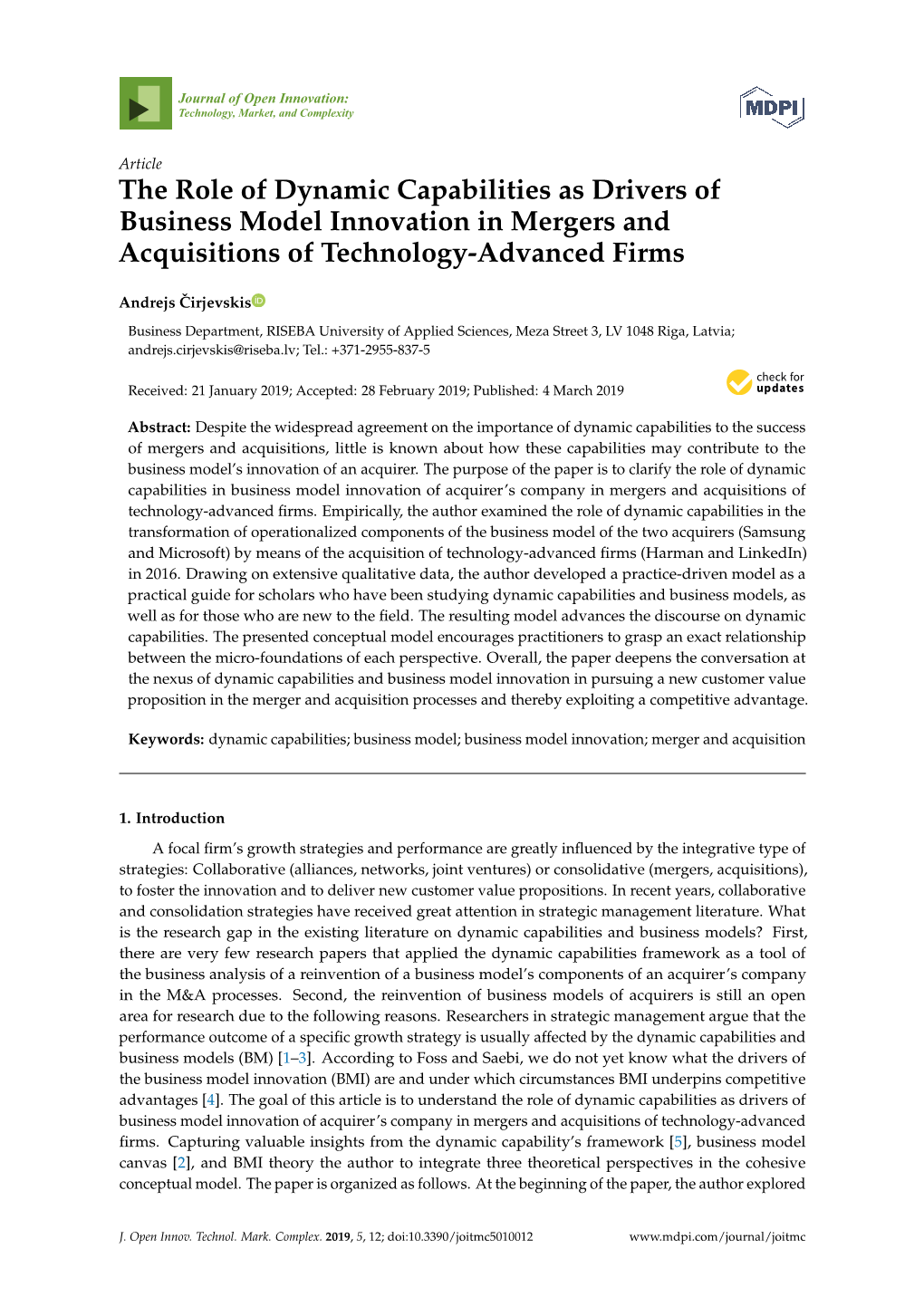 The Role of Dynamic Capabilities As Drivers of Business Model Innovation in Mergers and Acquisitions of Technology-Advanced Firms
