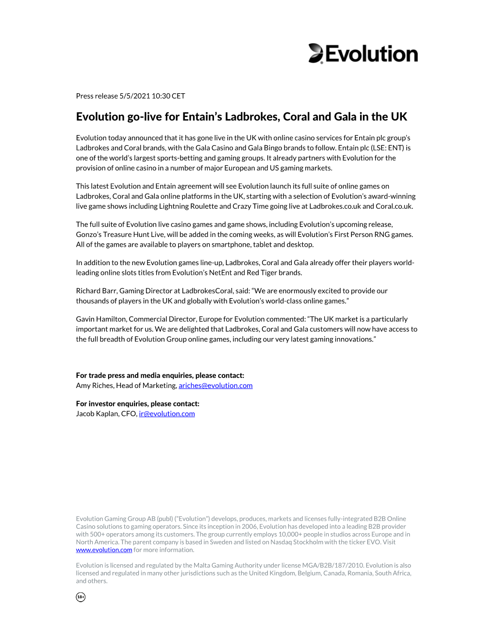 Evolution Go-Live for Entain's Ladbrokes, Coral and Gala in the UK