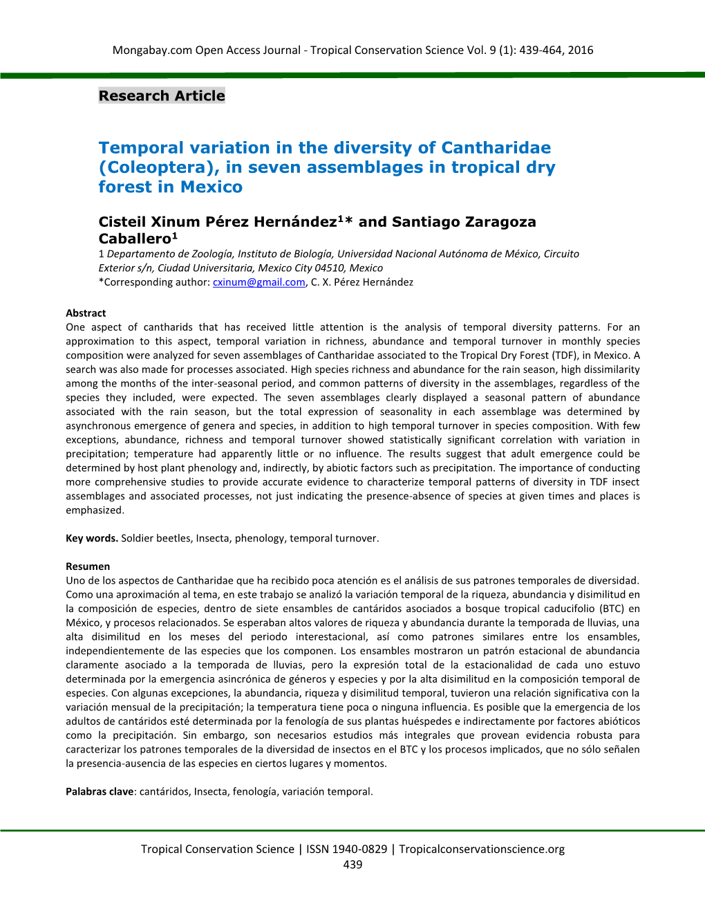 Temporal Variation in the Diversity of Cantharidae (Coleoptera), in Seven Assemblages in Tropical Dry Forest in Mexico