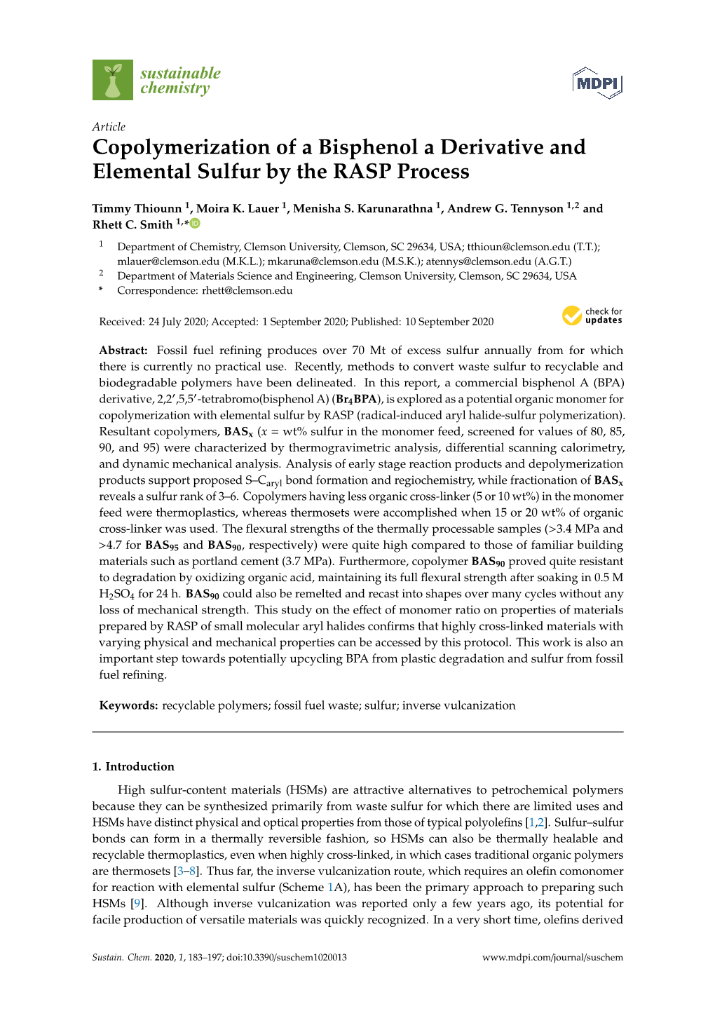 Copolymerization of a Bisphenol a Derivative and Elemental Sulfur by the RASP Process