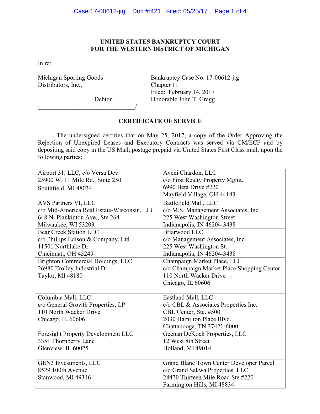 Michigan Sporting Goods Bankruptcy Case No. 17-00612-Jtg Distributors, Inc., Chapter 11 Filed: February 14, 2017 Debtor