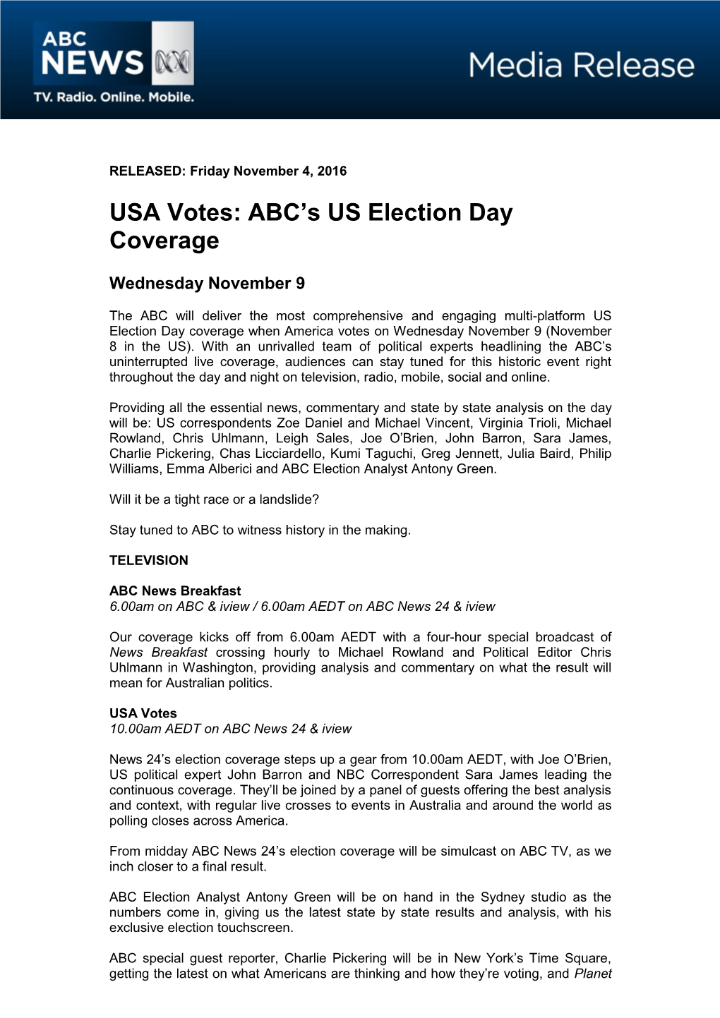 USA Votes: ABC's US Election Day Coverage