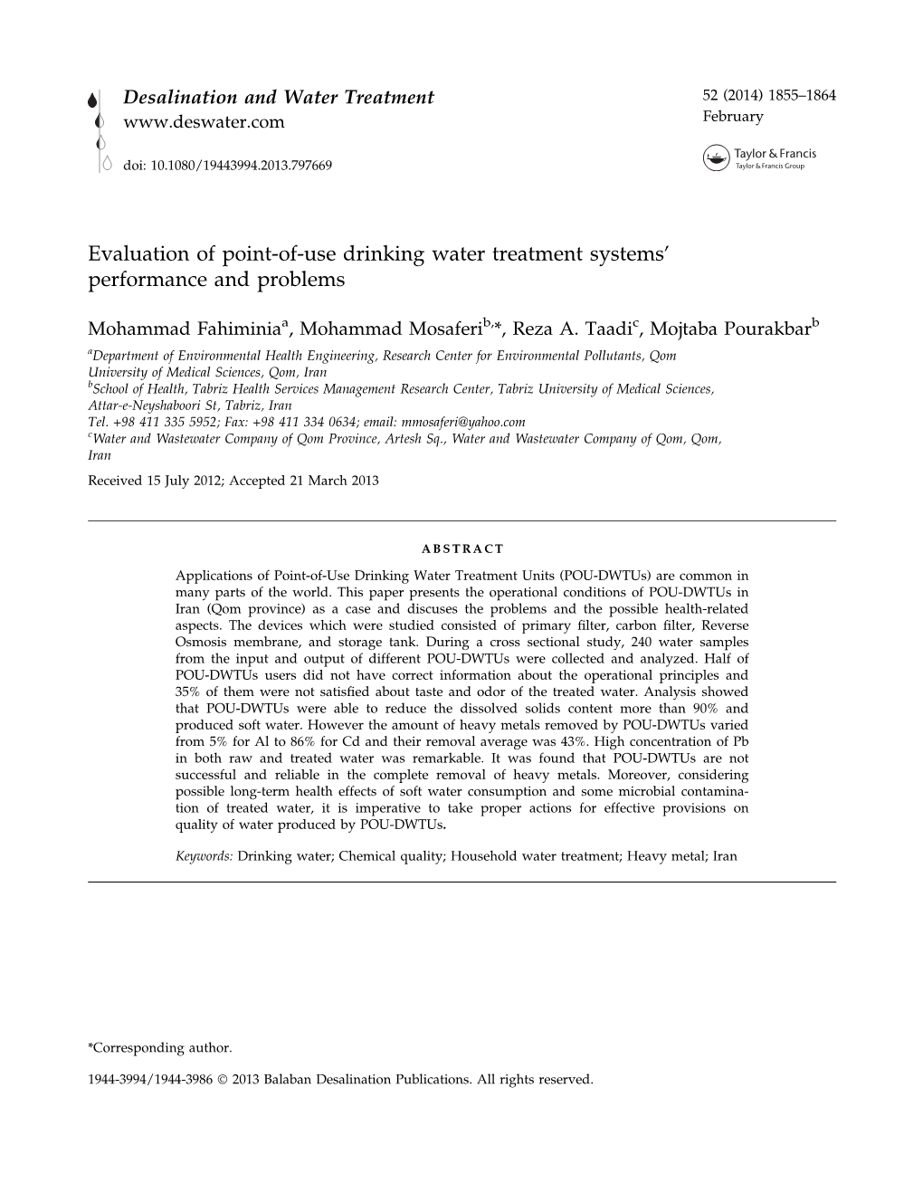 Evaluation of Point-Of-Use Drinking Water Treatment Systems’ Performance and Problems