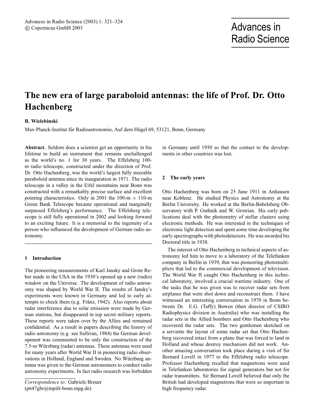 The New Era of Large Paraboloid Antennas: the Life of Prof. Dr. Otto Hachenberg