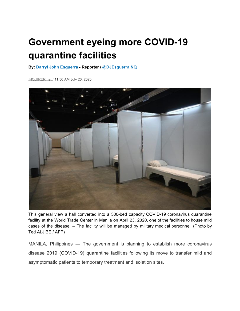 Government Eyeing More COVID-19 Quarantine Facilities