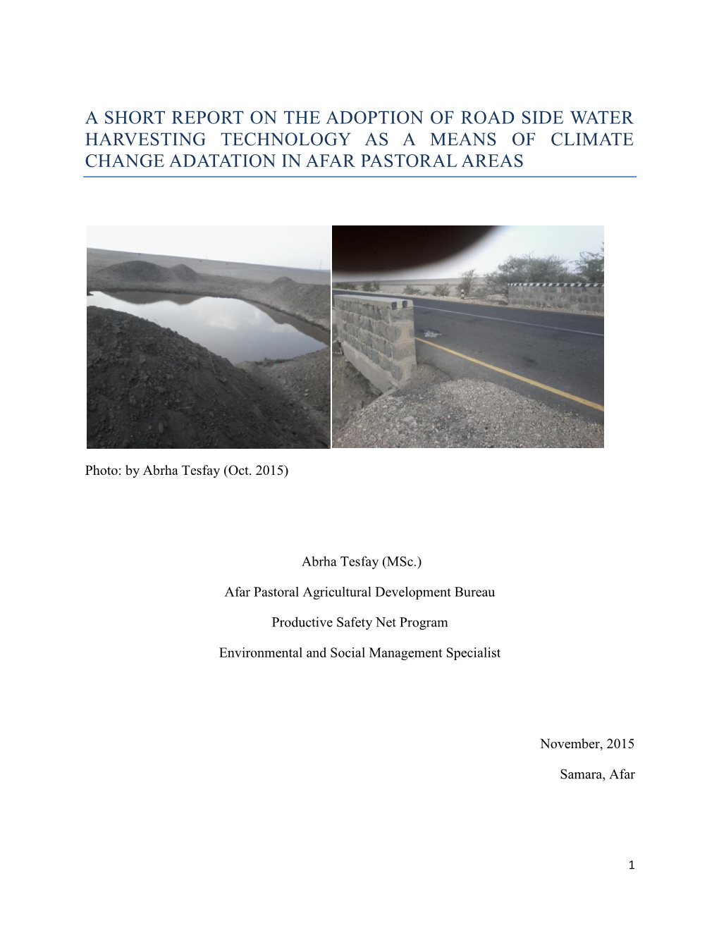 A Short Report on the Adoption of Road Side Water Harvesting Technology As a Means of Climate Change Adatation in Afar Pastoral Areas