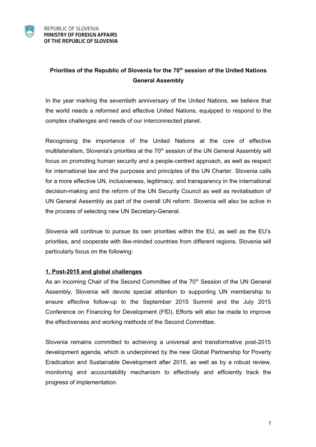 Priorities of the Republic of Slovenia for the 70Th Session of the United Nations General