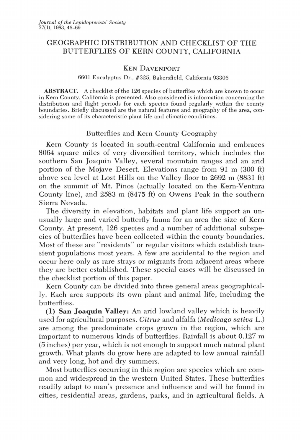 Geographic Distribution and Checklist of the Butterflies of Kern County, California