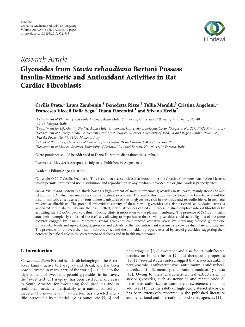 Research Article Glycosides from Stevia Rebaudiana Bertoni Possess Insulin-Mimetic and Antioxidant Activities in Rat Cardiac Fibroblasts