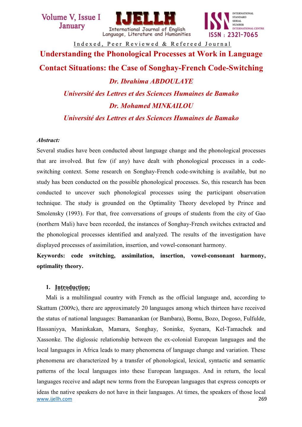 Understanding the Phonological Processes at Work in Language Contact Situations: the Case of Songhay-French Code-Switching Dr