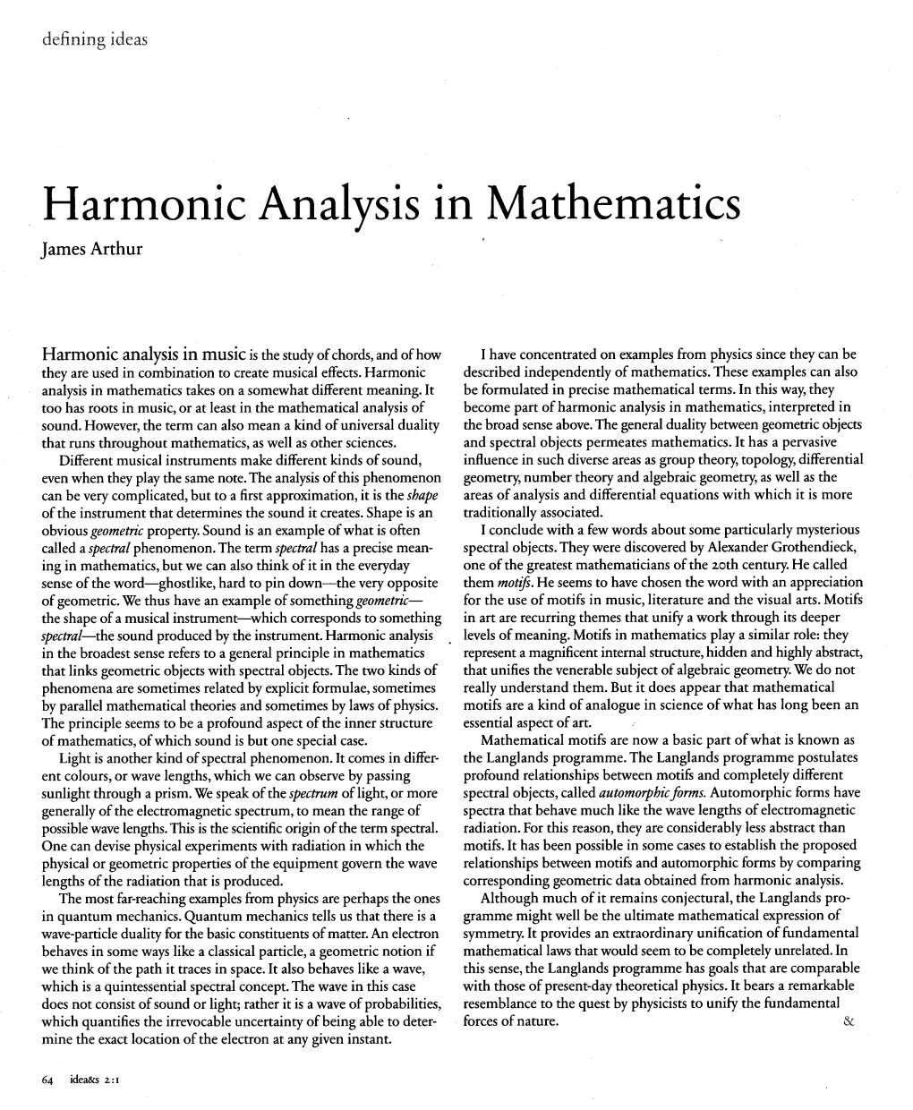 Harmonic Analysis in Mathematics James Arthur