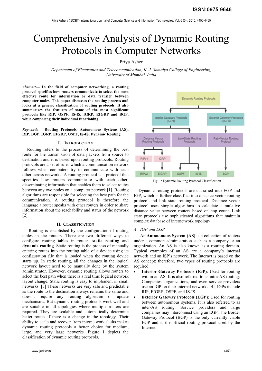 Comprehensive Analysis of Dynamic Routing Protocols in Computer Networks Priya Asher Department of Electronics and Telecommunication, K