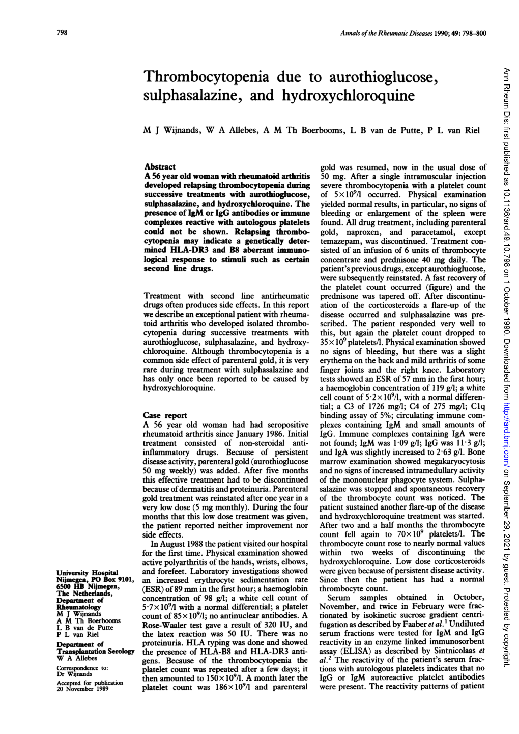 Thrombocytopenia Due to Aurothioglucose, Sulphasalazine, and Hydroxychloroquine