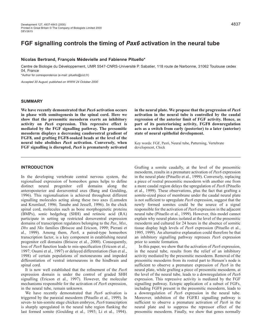 FGF Signalling Controls Pax6 Activation 4839