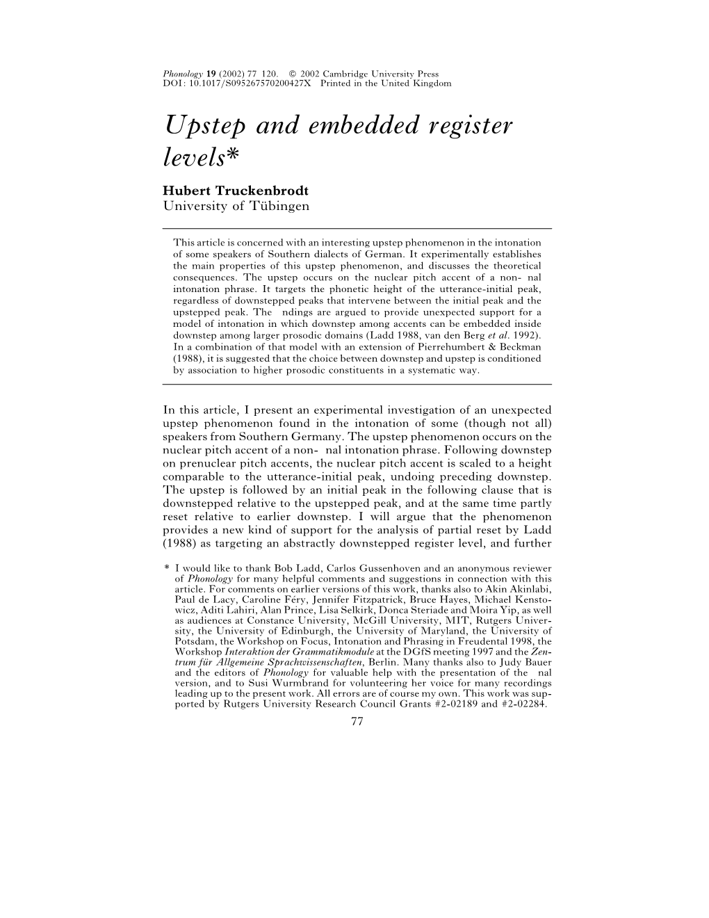 Upstep and Embedded Register Levels* Hubert Truckenbrodt University of Tu￿ Bingen