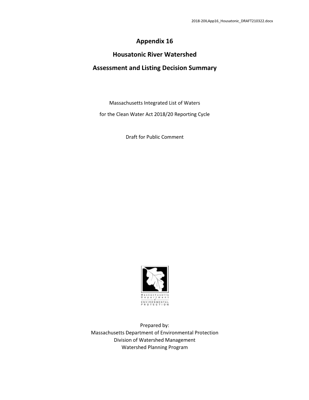 Appendix 16 Housatonic River Watershed Assessment and Listing Decision Summary