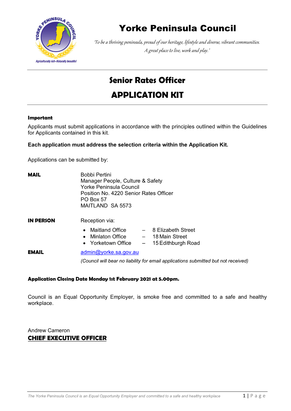 Yorke Peninsula Council Senior Rates Officer APPLICATION