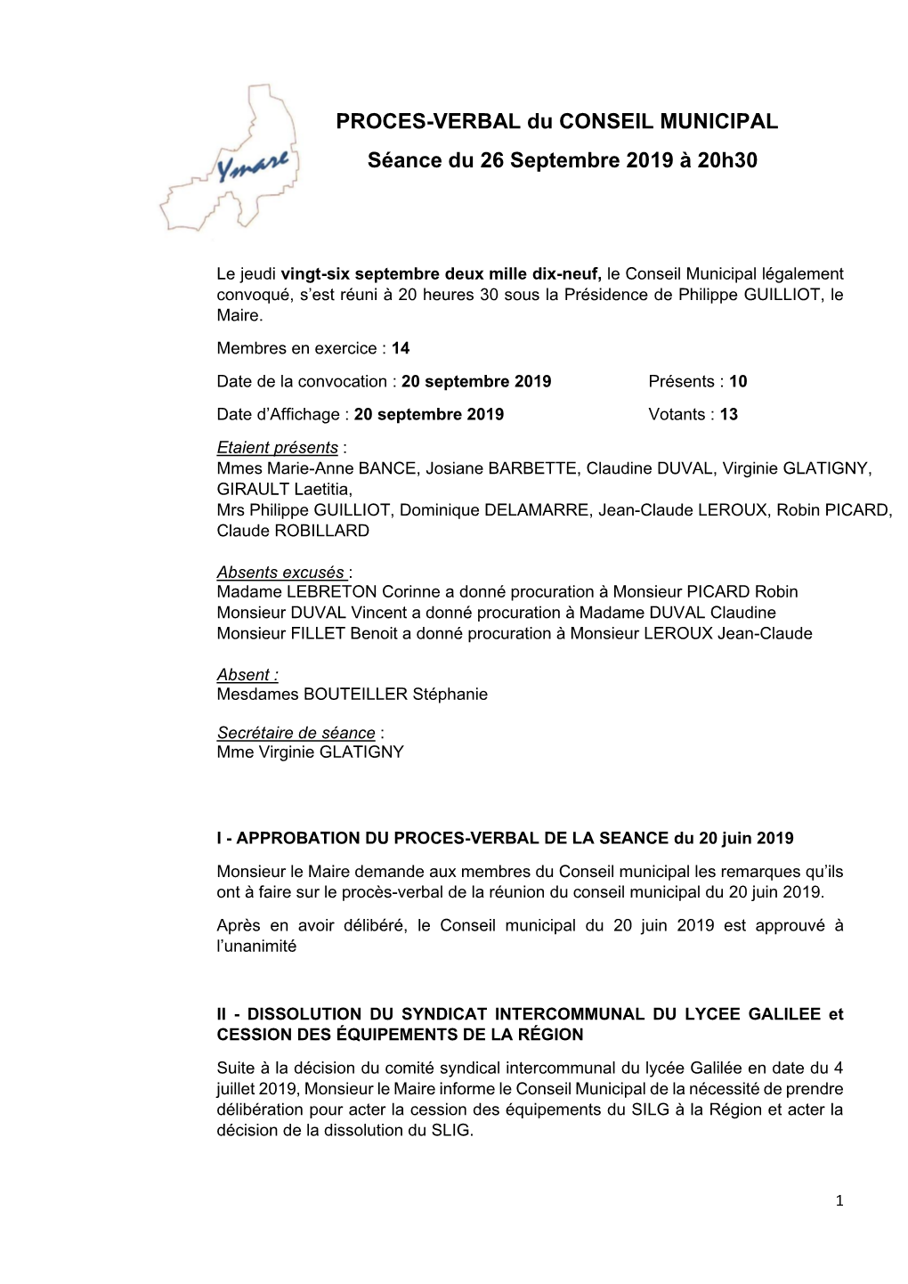 PROCES-VERBAL Du CONSEIL MUNICIPAL Séance Du 26 Septembre 2019 À 20H30