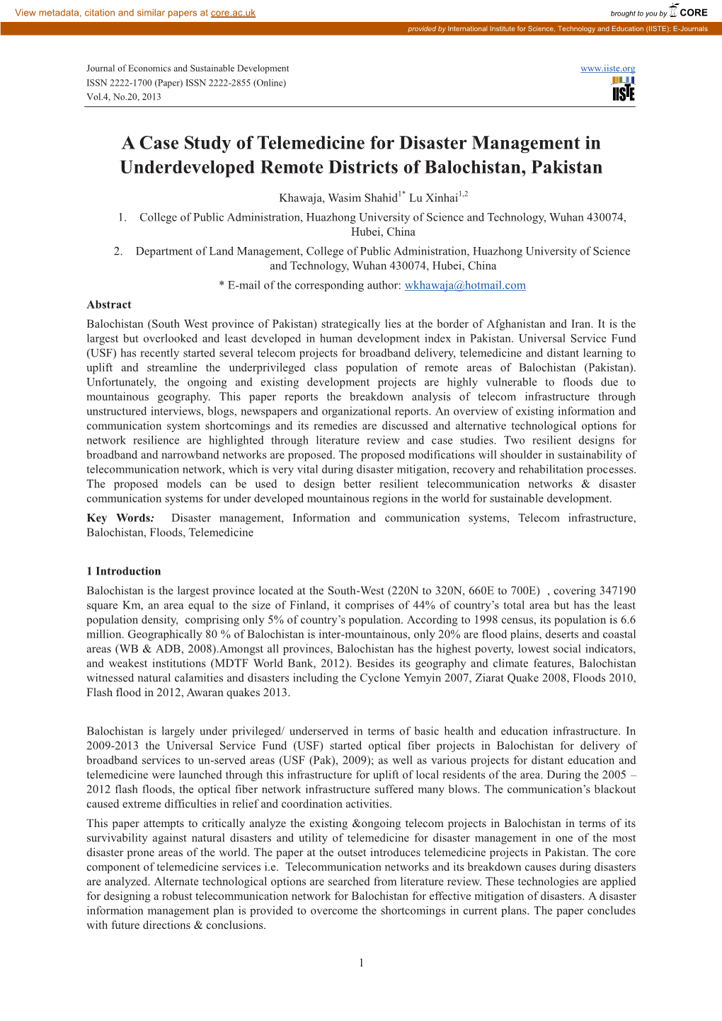 A Case Study of Telemedicine for Disaster Management in Underdeveloped Remote Districts of Balochistan, Pakistan