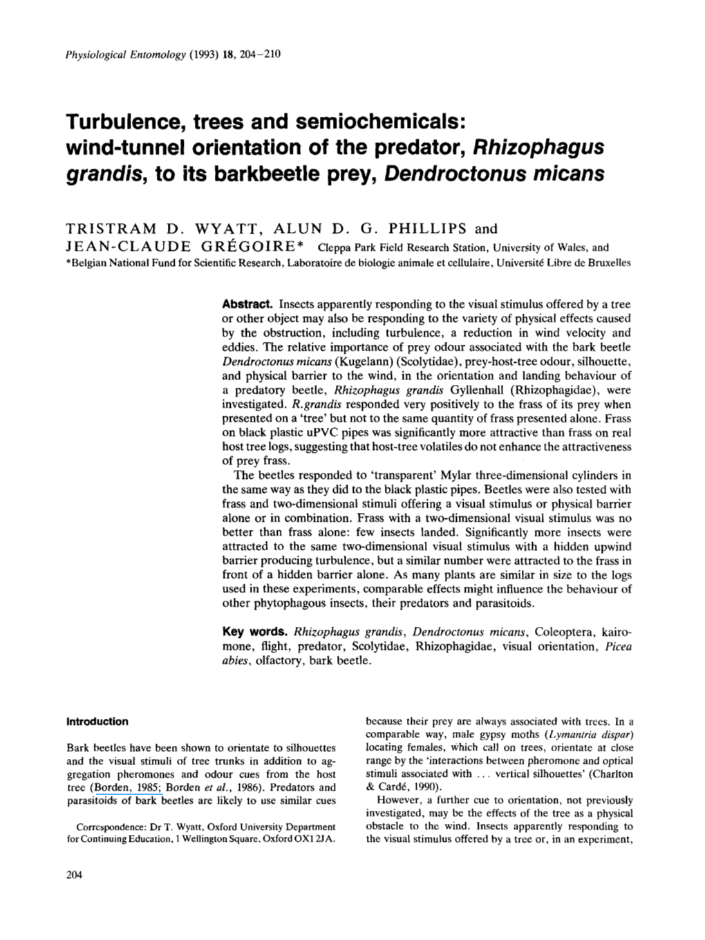 Wind-Tunnel Orientation of the Predator, Rhizophagus Grandis, to Its