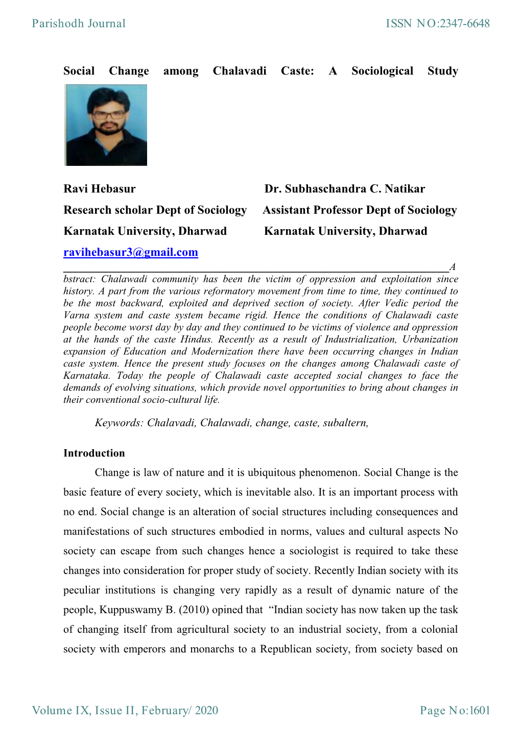 Social Change Among Chalavadi Caste: a Sociological Study