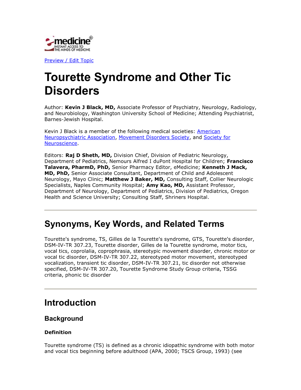 Tourette Syndrome and Other Tic Disorders