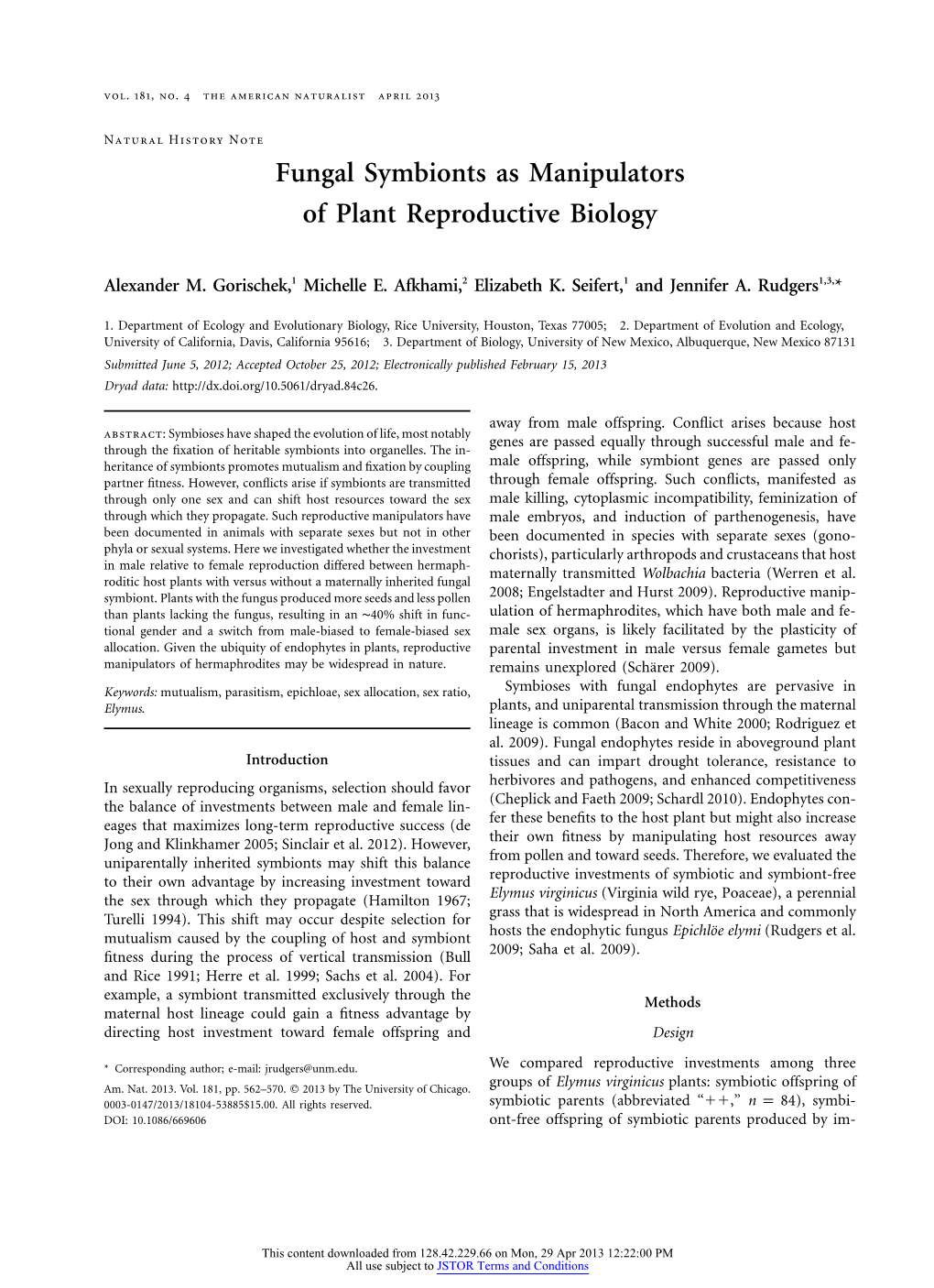 Fungal Symbionts As Manipulators of Plant Reproductive Biology