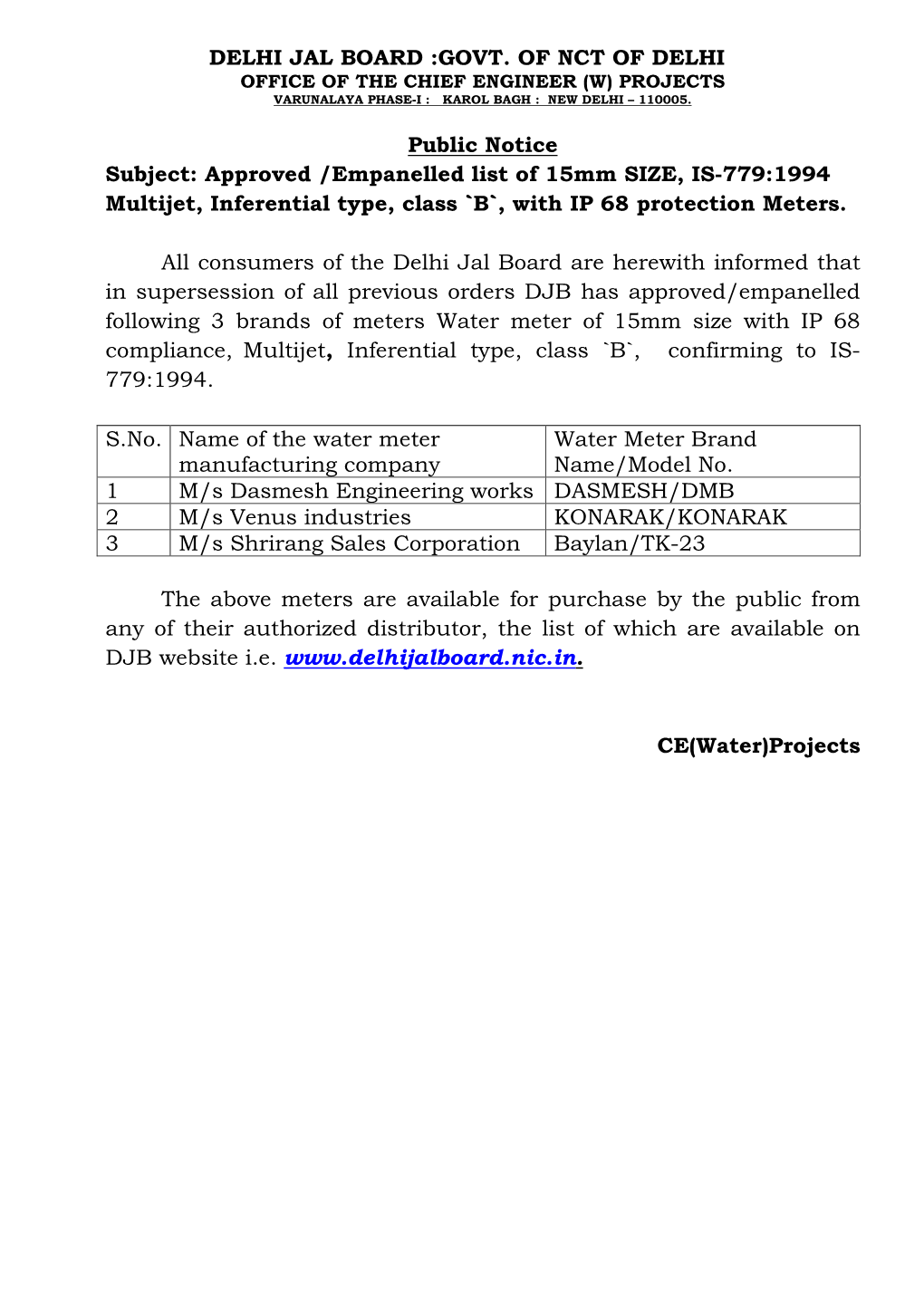 Approved /Empanelled List of 15Mm SIZE, IS-779:1994 Multijet, Inferential Type, Class `B`, with IP 68 Protection Meters