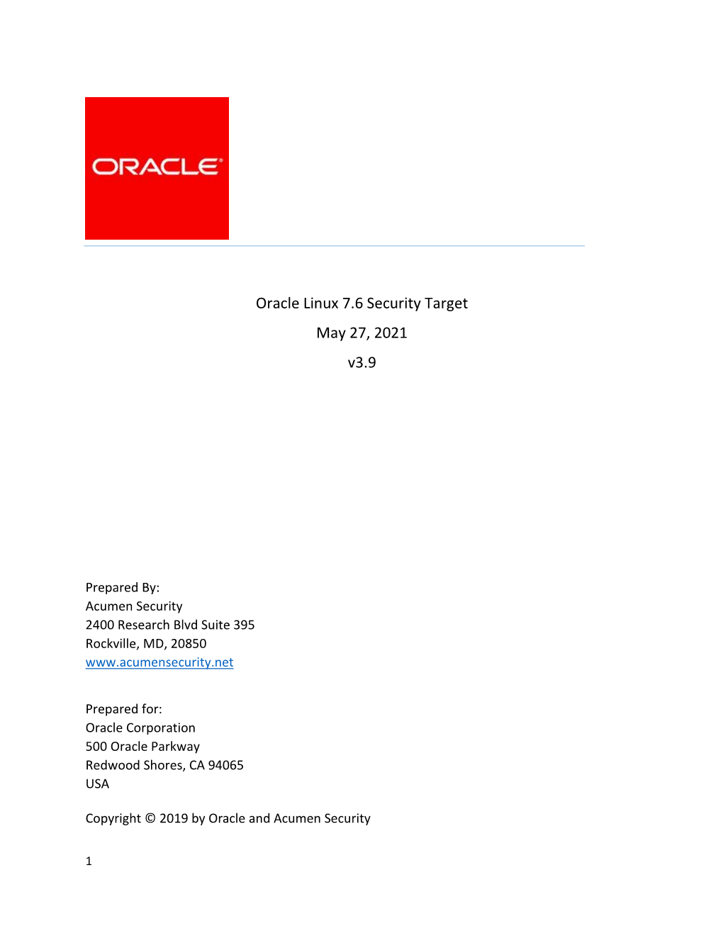 Oracle Linux 7.6 Security Target May 27, 2021 V3.9