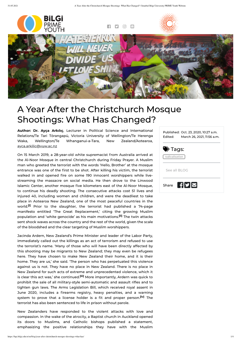 A Year After the Christchurch Mosque Shootings: What Has Changed? | Istanbul Bilgi University PRIME Youth Website